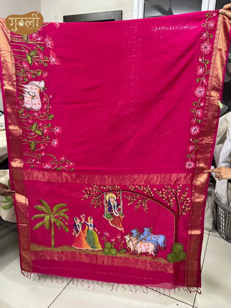Kishori Rani Pink Hand Painted Saree