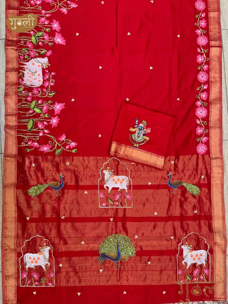 Nathdwara Laal Pichwai Hand Painted Saree