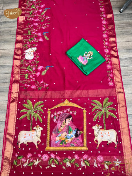 Rani Pink Baby Shower Hand Painted Saree