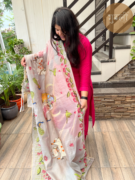 Vrindavan Radha Krishna Handpainted Dupatta | Handwoven Tissue Chanderi | Artisan Handwork | Eternal Love