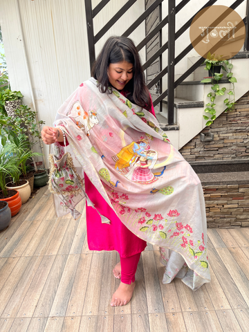 Vrindavan Radha Krishna Handpainted Dupatta | Handwoven Tissue Chanderi | Artisan Handwork | Eternal Love