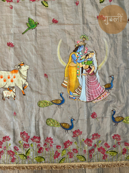 Vrindavan Radha Krishna Handpainted Dupatta | Handwoven Tissue Chanderi | Artisan Handwork | Eternal Love