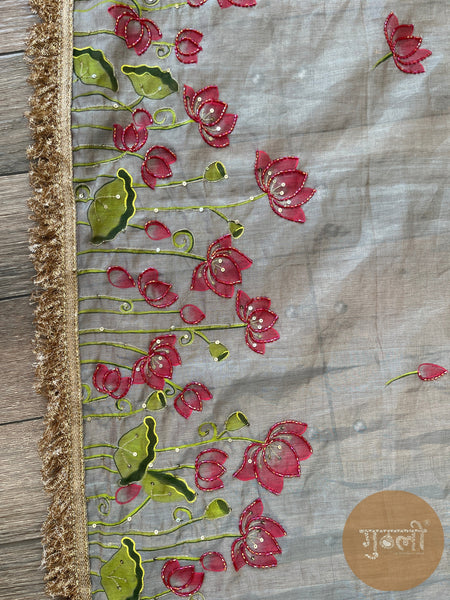 Vrindavan Radha Krishna Handpainted Dupatta | Handwoven Tissue Chanderi | Artisan Handwork | Eternal Love