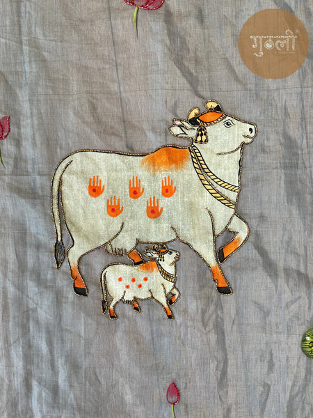 Vrindavan Radha Krishna Handpainted Dupatta | Handwoven Tissue Chanderi | Artisan Handwork | Eternal Love