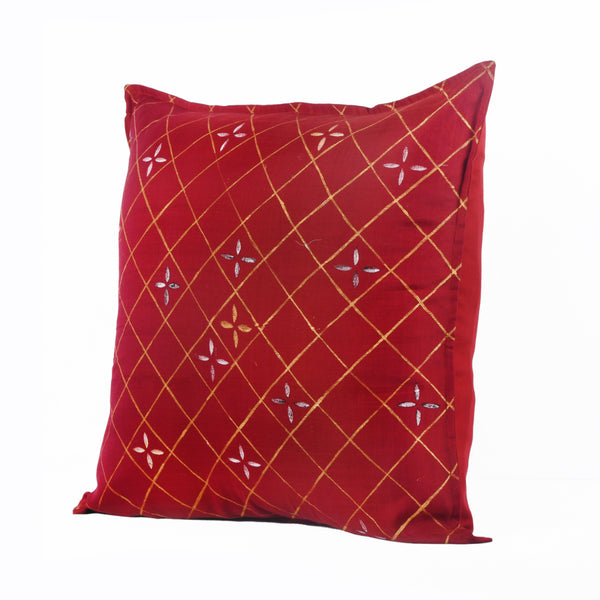 Guthali Red And Golden Handpainted Cushion Cover
