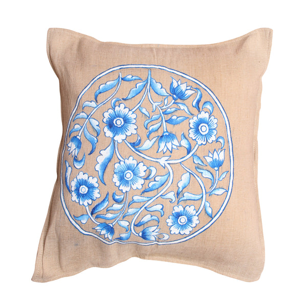 Blue Pottery Handpainted Jute Cushion Cover