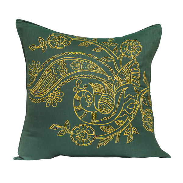 Green Handpainted Peacock Cushion Cover