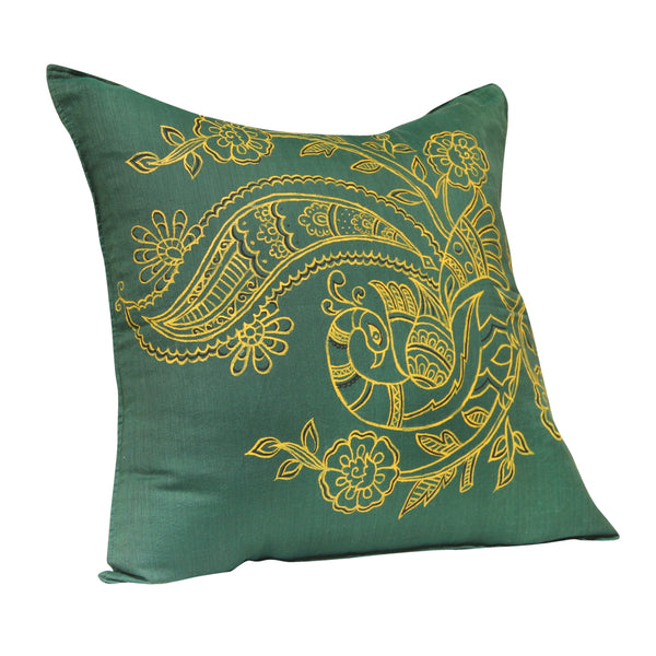 Green Handpainted Peacock Cushion Cover