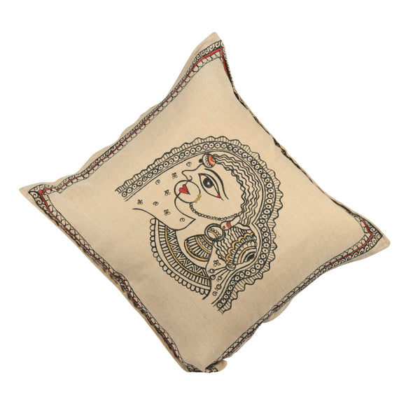 Handpainted Rajasthani Cushion Cover In Beige