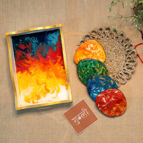 Set of 4 Handpainted Wooden Coaster, 1 Handpainted Wooden Tray paired with 2 Rakhi ( COMBO 3 )