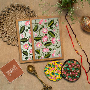 Set of 2 Handcrafted Diary and 2 Wooden Coaster paired with 2 Rakhi ( COMBO 1 )